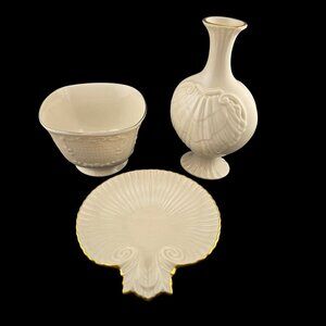 Lot of 3 Lenox Dish Hand-Decorated 24K Gold Textured Bowl & Shell-Inspired Vase